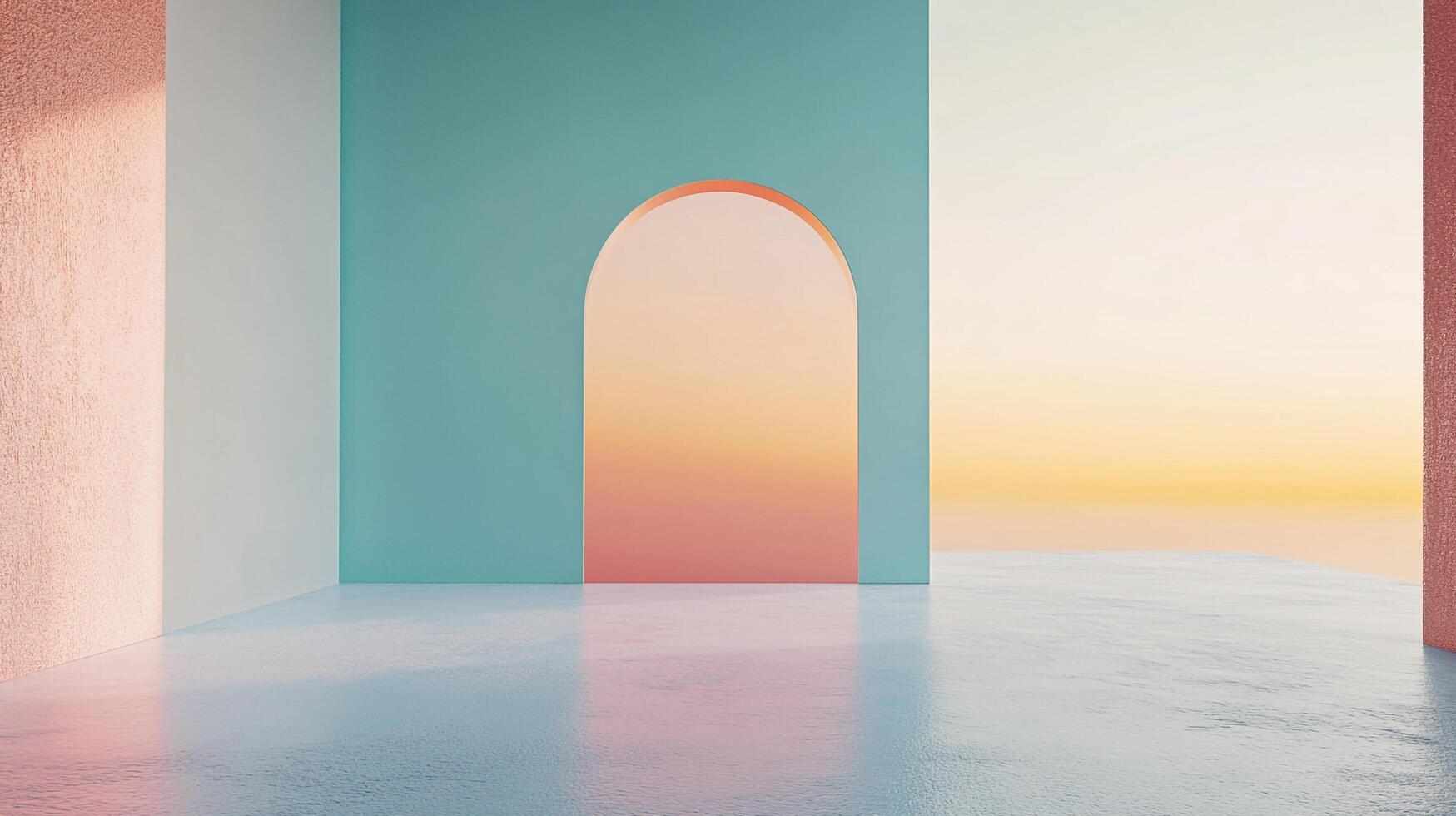Minimalist building interior with pastel walls and arched doorway, bathed in soft light. A serene and modern architectural composition. photo