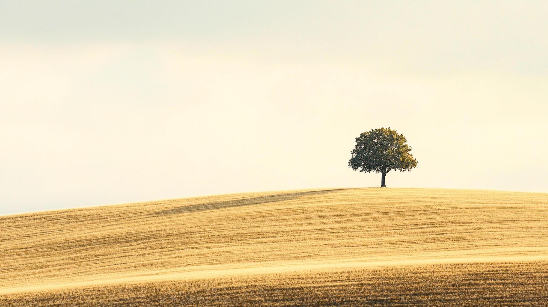 Serene landscape of a solitary tree standing gracefully atop a golden wheat field under a soft sky, evoking peace and tranquility. photo