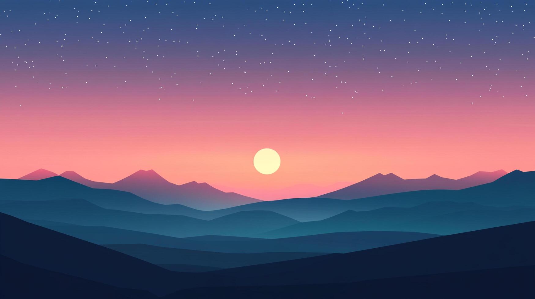 A serene minimalist landscape featuring layers of blue mountains under a gradient sky with a glowing sun and scattered stars. photo