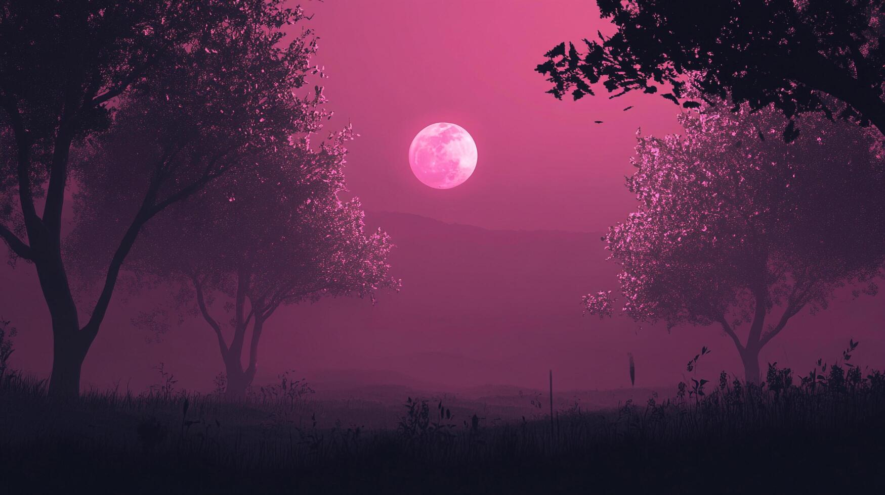 A pink moon illuminates a serene landscape, casting a dreamlike glow over trees and grasses. Ethereal scenery evokes tranquility. photo