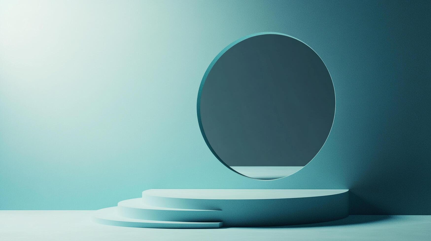 Tranquil studio shot of a soft cyan stage with three steps and a cut-out circle in the background, a modern, minimalist aesthetic. photo