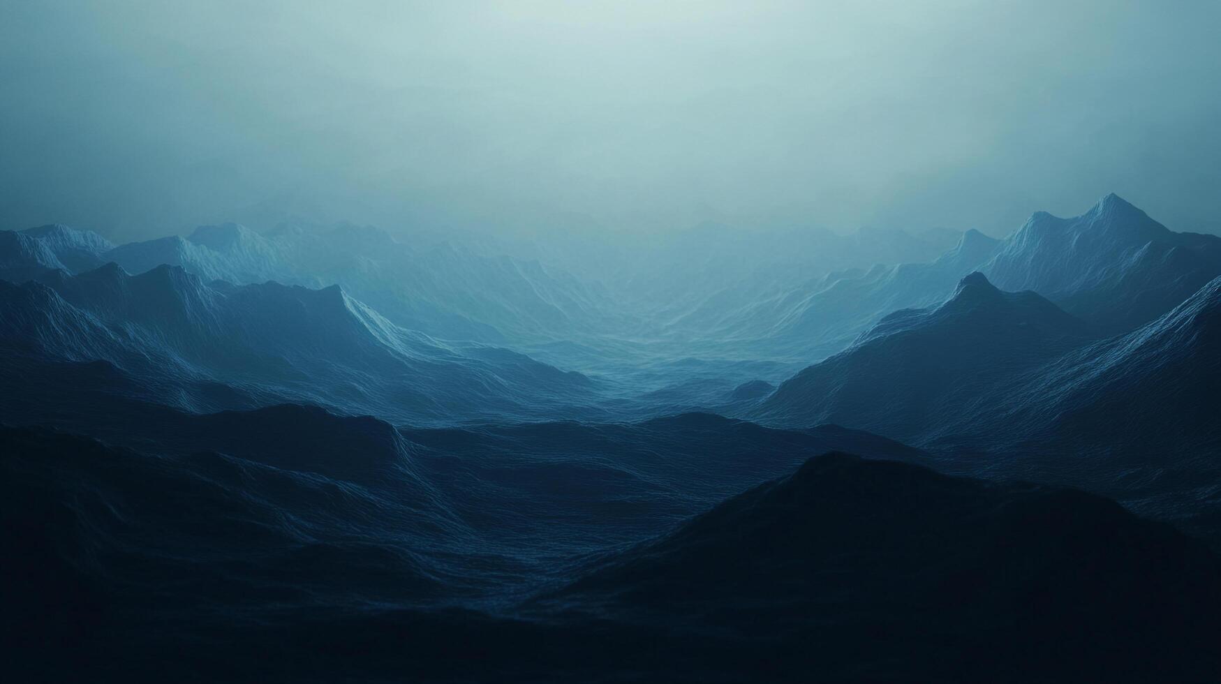 A serene vista showcases an expansive range of mountains, bathed in a cool, blue monochrome palette, creating an otherworldly atmosphere. photo