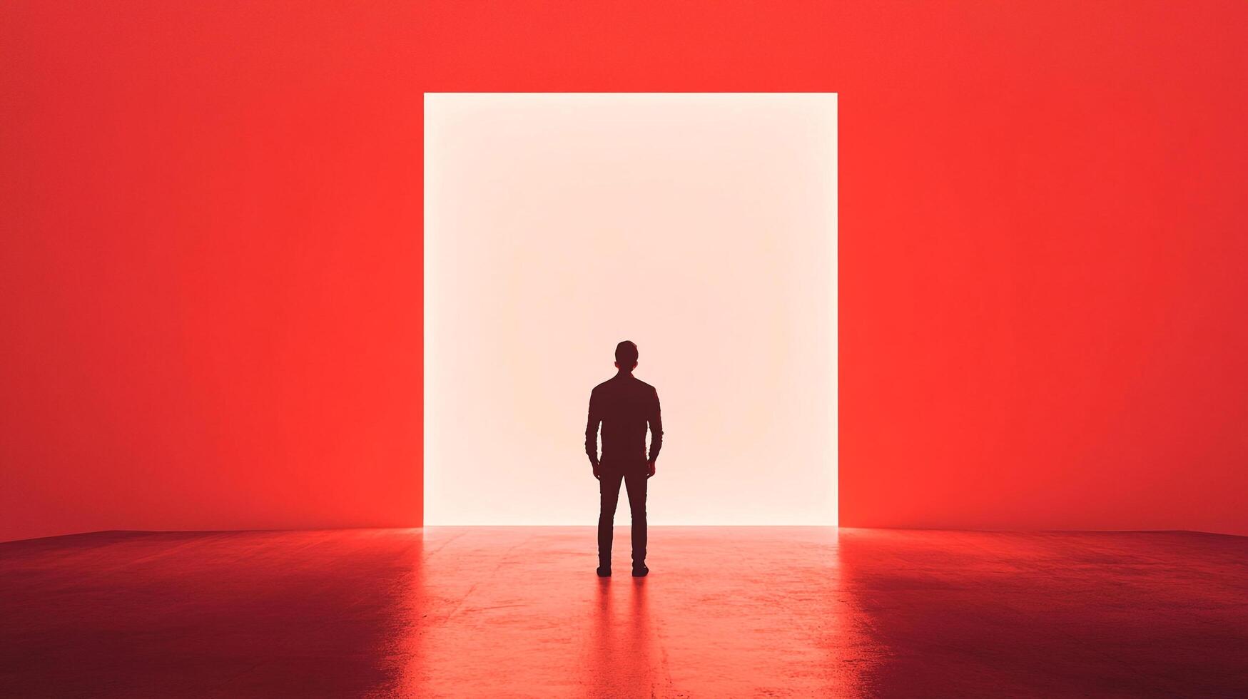 A solitary figure silhouetted against a glowing doorway, creating a stark contrast between shadow and light in a red-toned space. photo