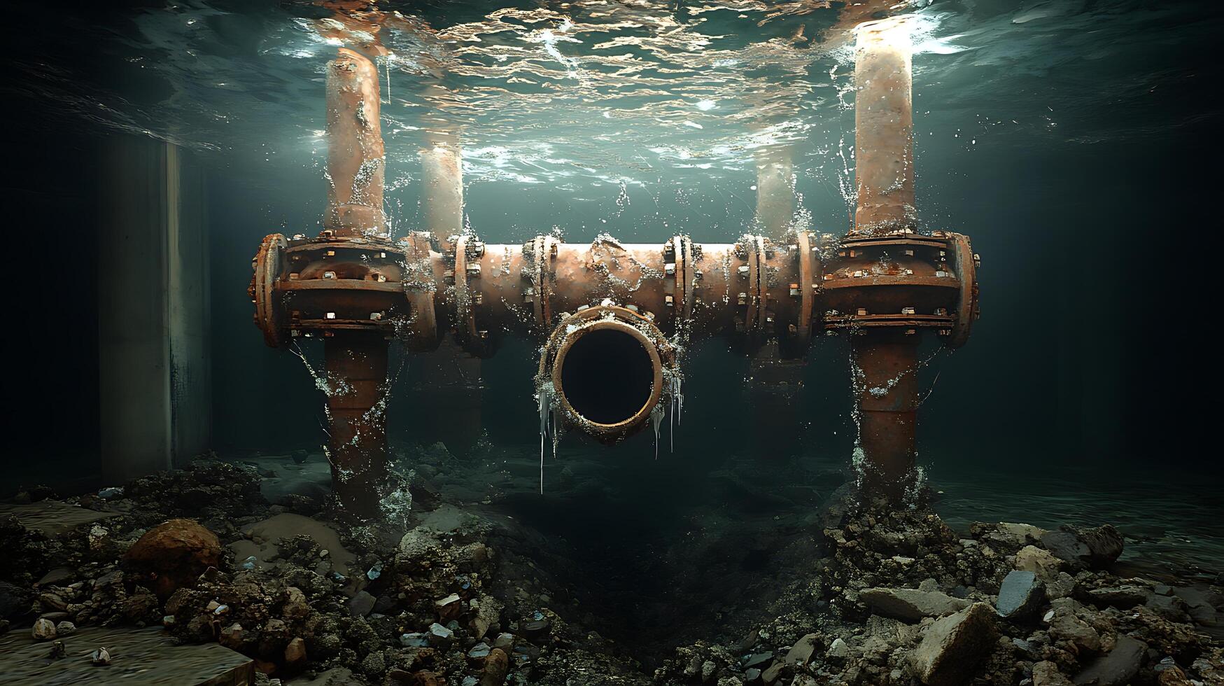 A pipe under water with a light shining through it photo