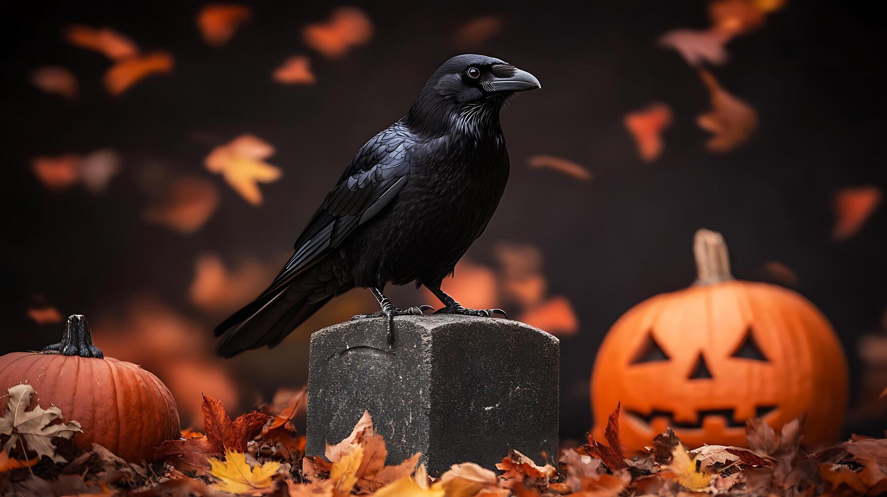 A crow sits on a tombstone surrounded by pumpkins photo