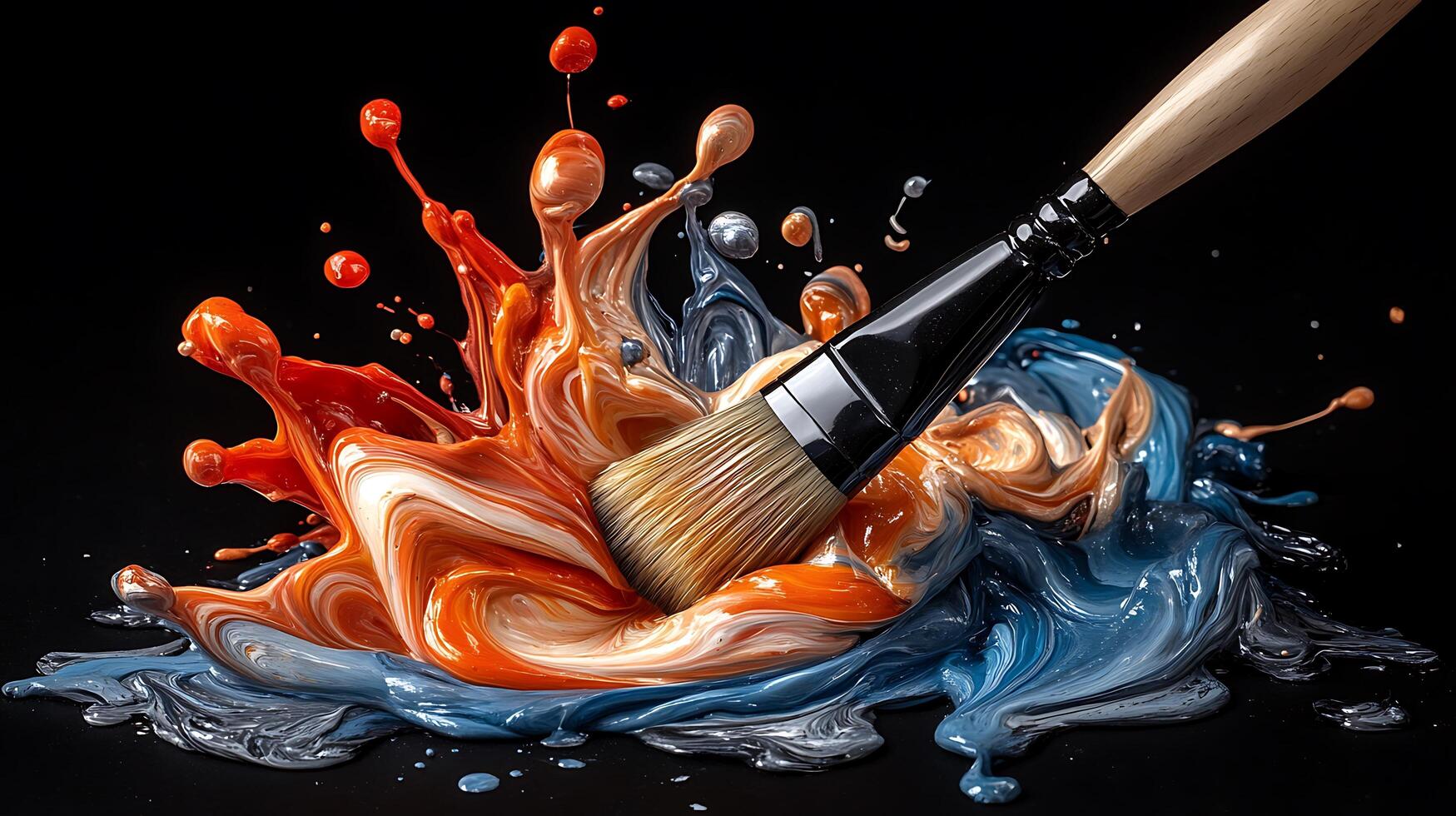 A paint brush is splashing paint on a black background photo