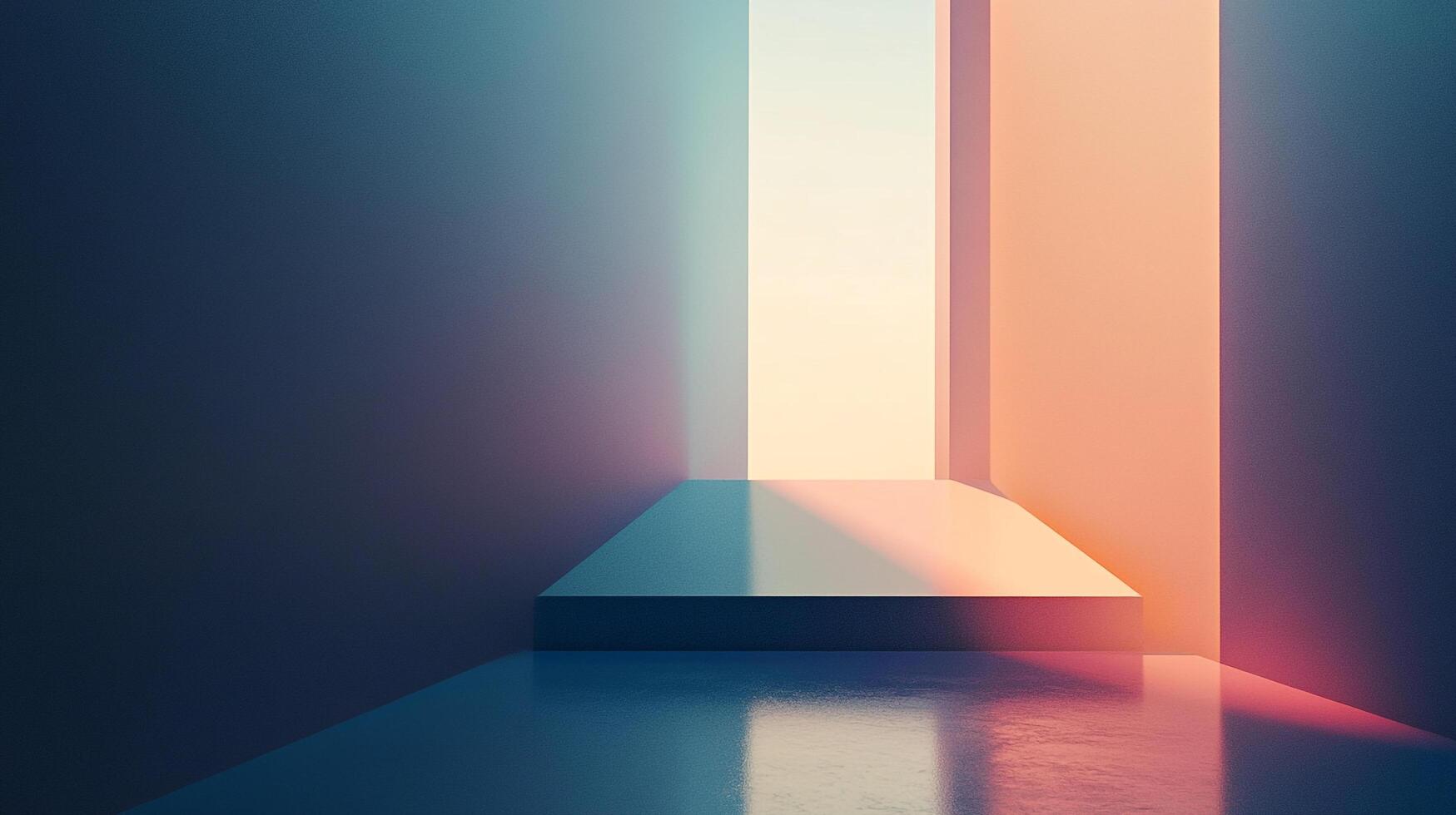 Abstract room with geometric platform illuminated by a gradient of light, casting shadows and creating a sense of minimalist serenity. photo