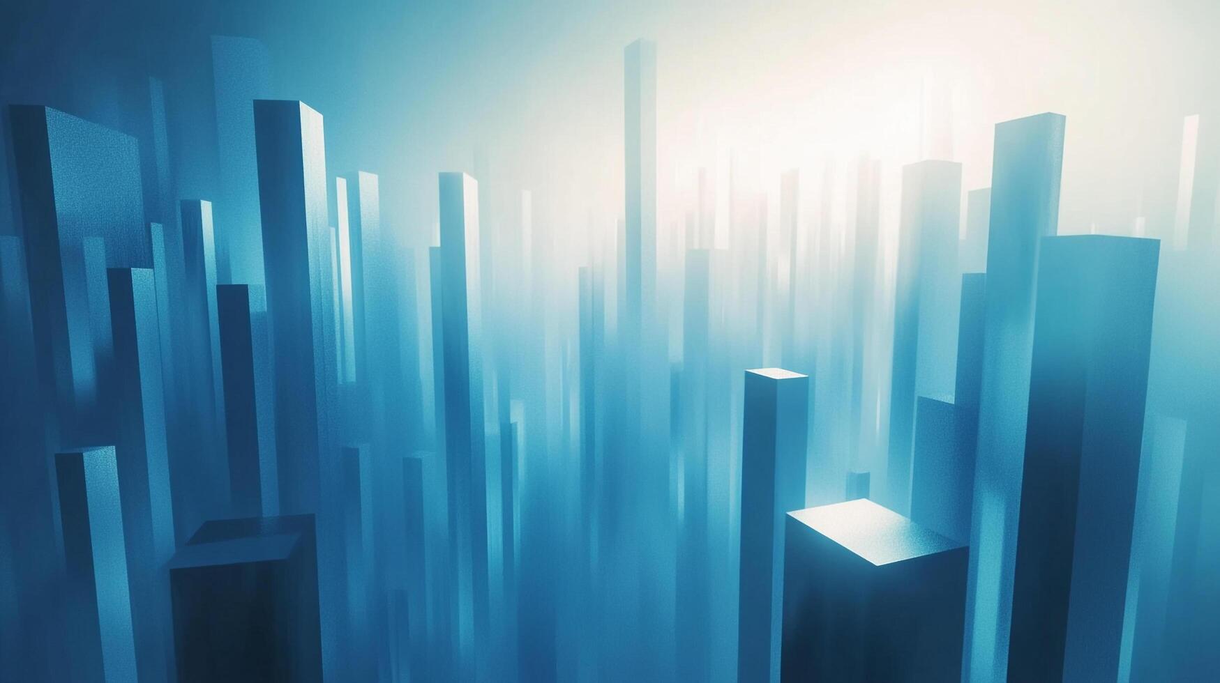 Abstract cityscape with blue bars emerging from fog, symbolizing growth, technology, and a futuristic urban environment. Light source behind. photo
