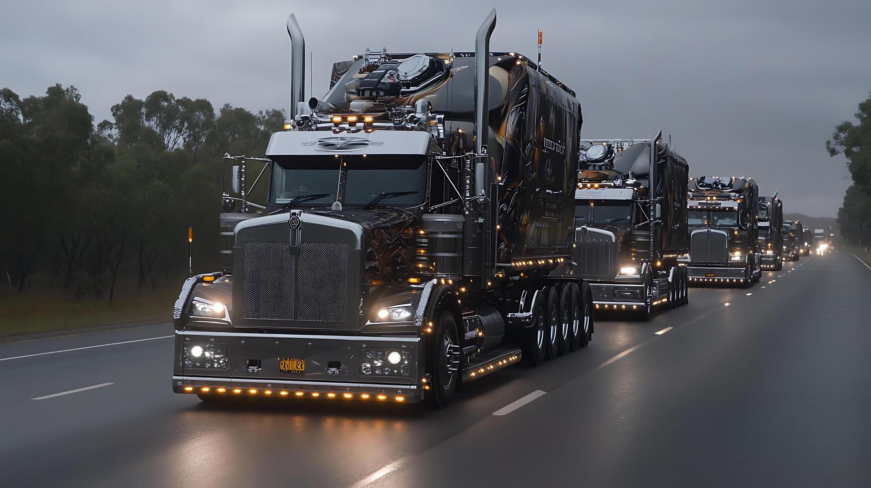 A group of semi trucks traveling down a road photo