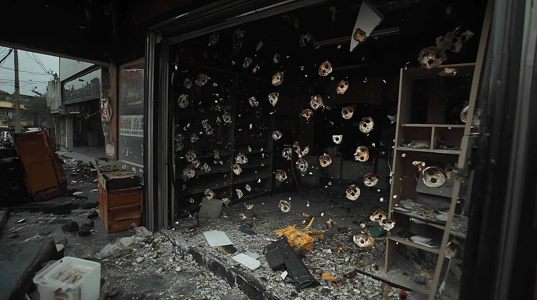 A room with a lot of broken glass and a lot of debris photo