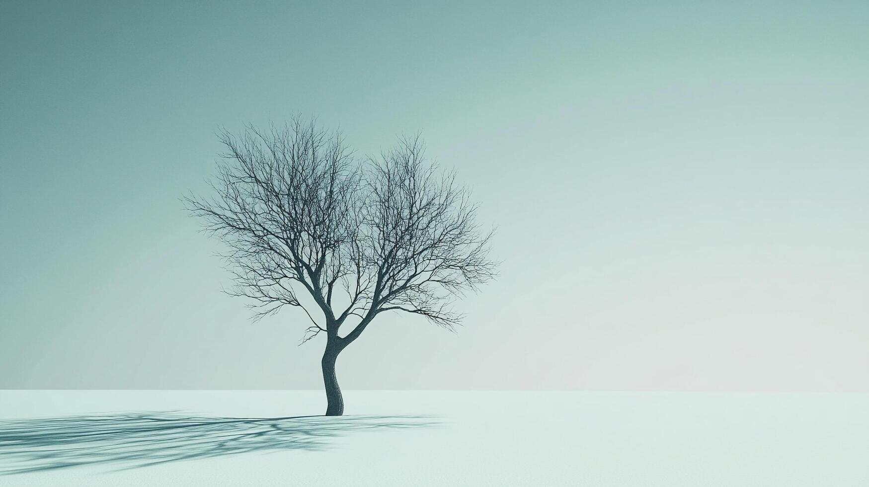 A stark tree stands alone in a desolate snowfield, casting long shadows under a muted sky. Winter's grip defines this serene landscape. photo