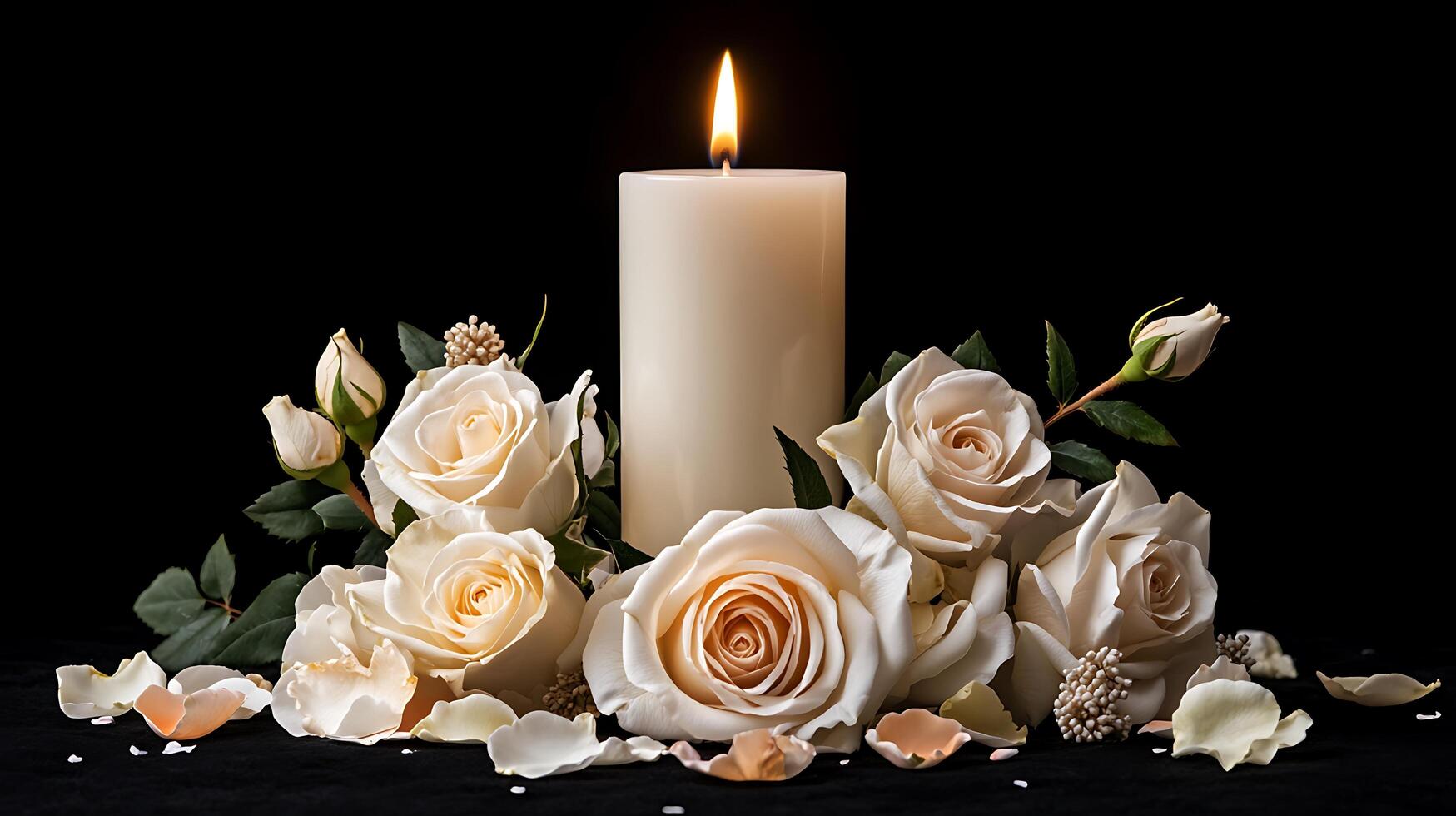 White roses and candle on black background photo