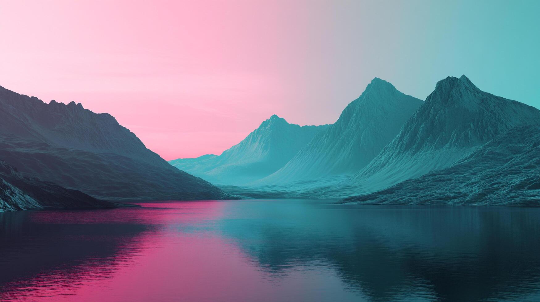 A vibrant landscape featuring a serene lake reflecting towering mountains under a sky painted with hues of pink and blue, creating a dreamlike scene. photo