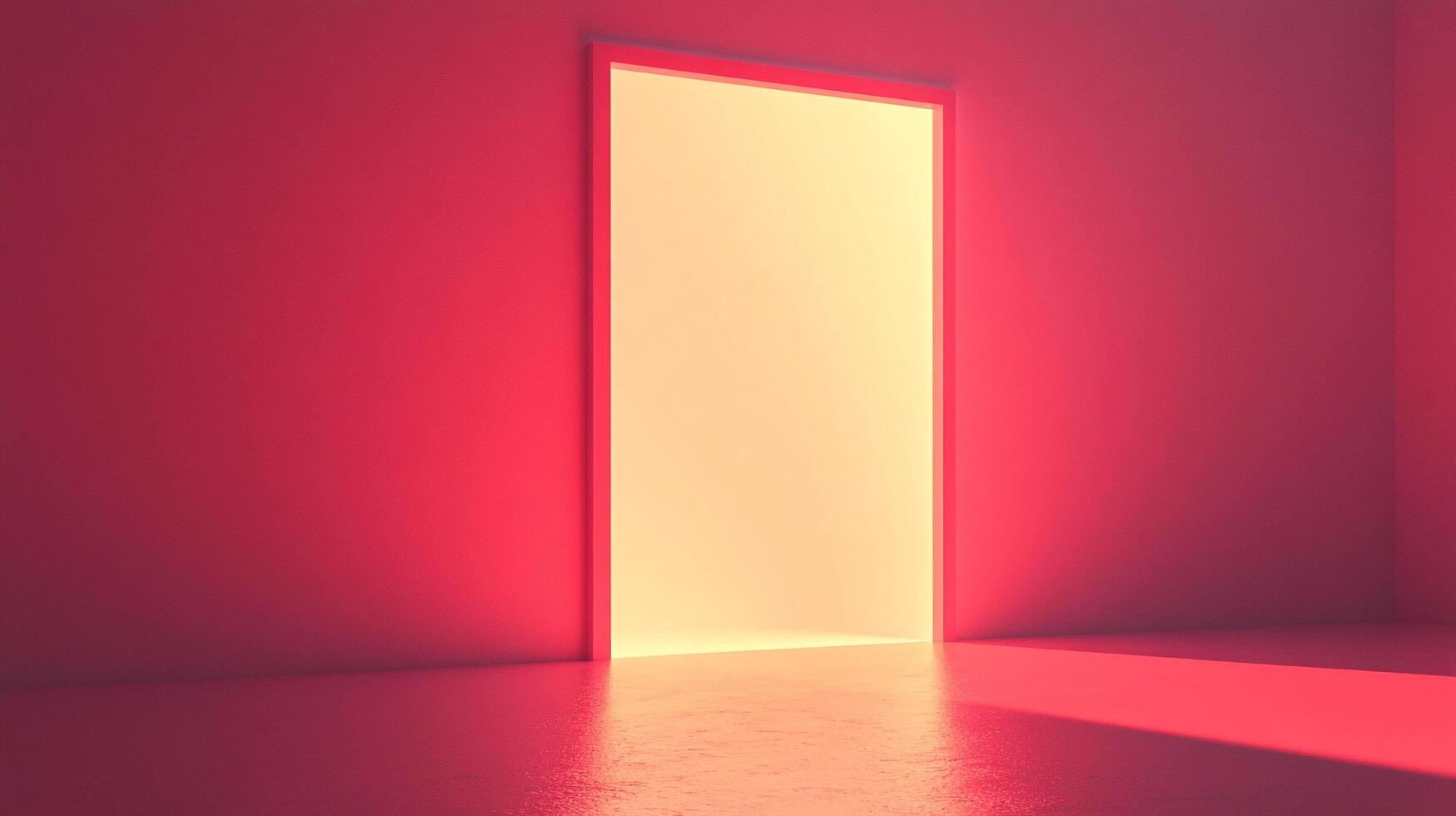 A vibrant room bathed in pink hues, features an open doorway radiating warm, inviting light, hinting at possibilities and new beginnings. photo