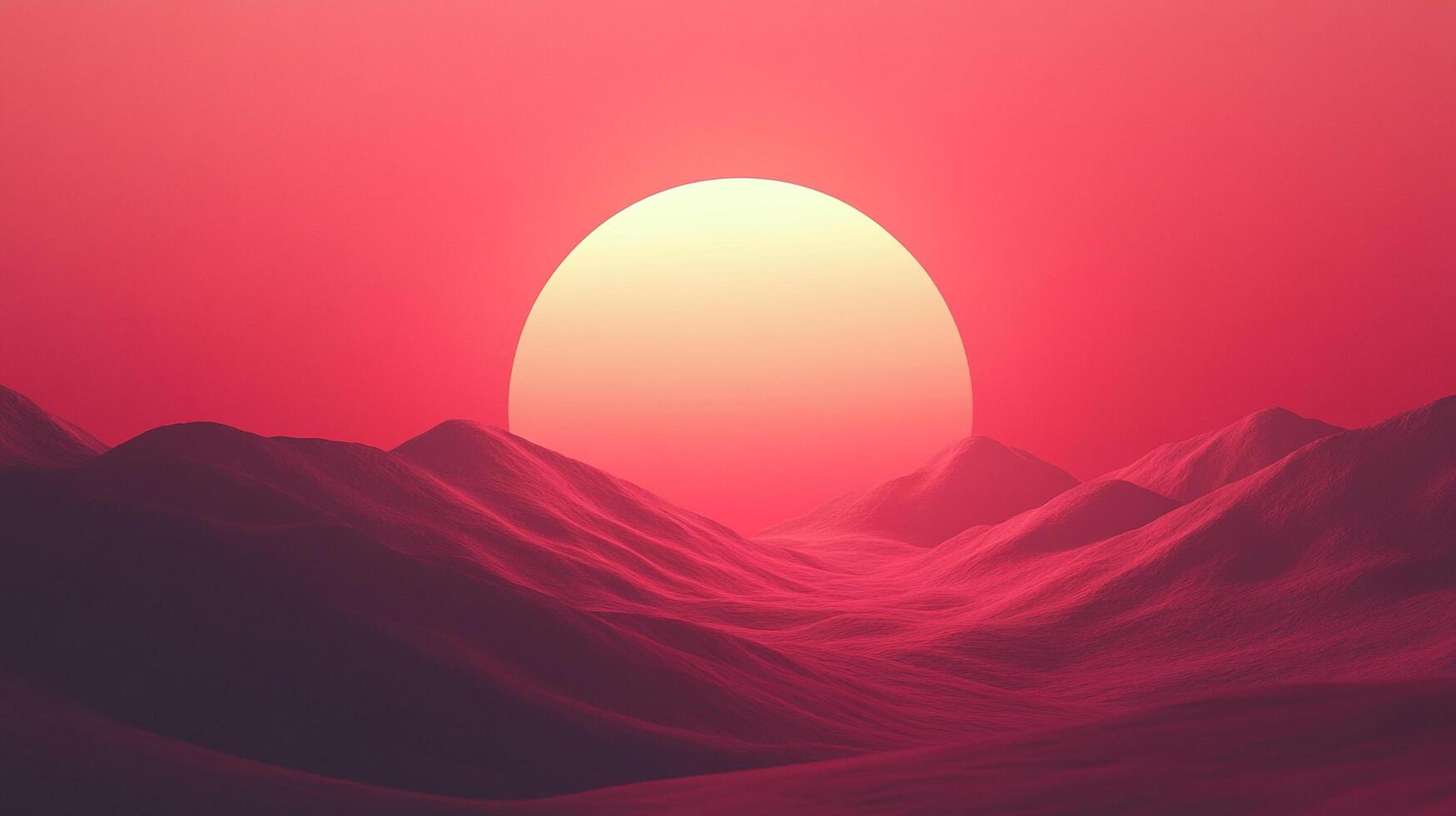 Crimson dusk over rolling hills, a warm sun slowly sets creating a tranquil desert scene and a dreamscape of vivid, pastel colors. photo