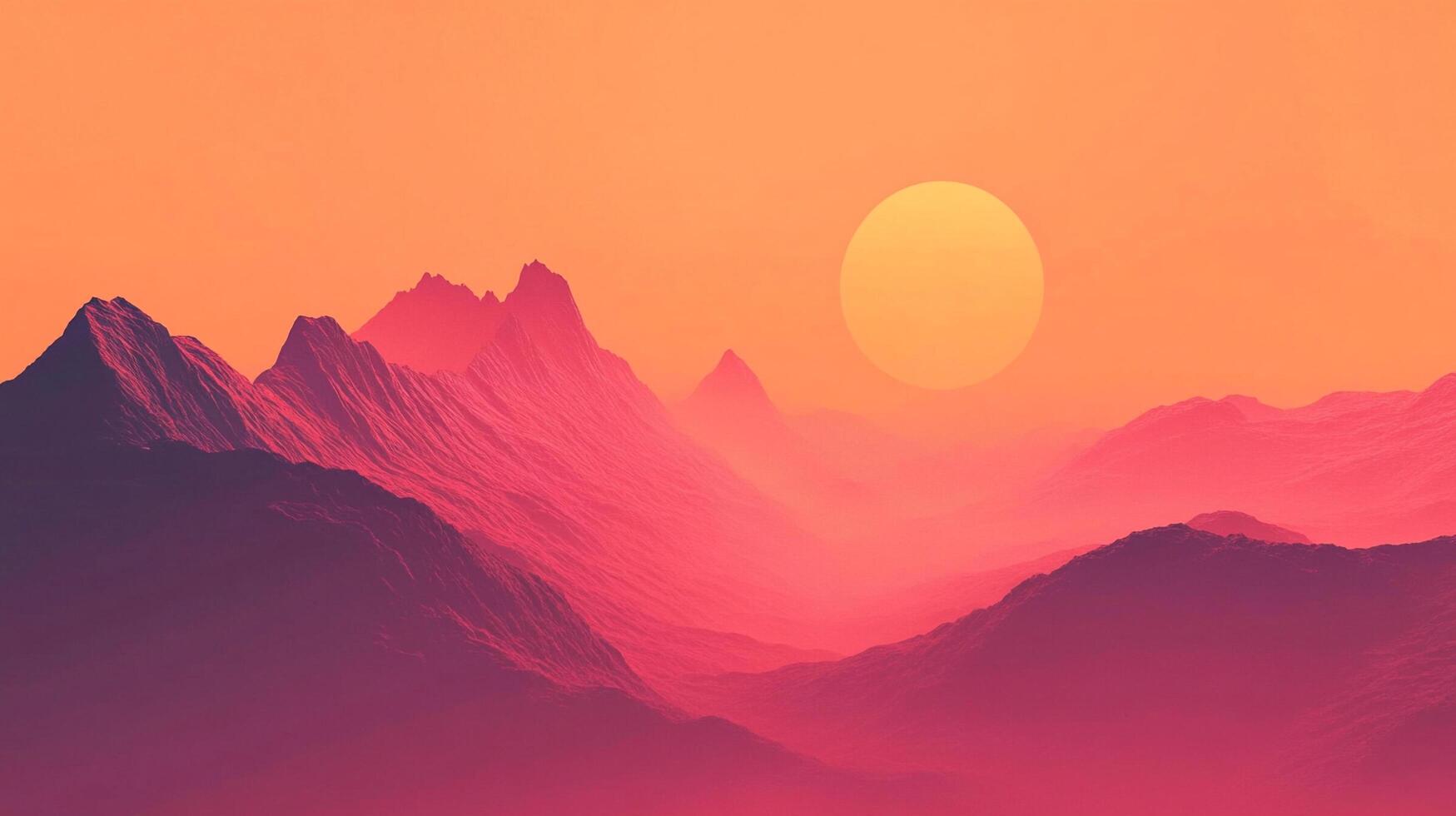 Warm sunset over rugged mountains. The orange sky with a yellow sun contrasts with the pink and purple mountain ranges in the distance. photo