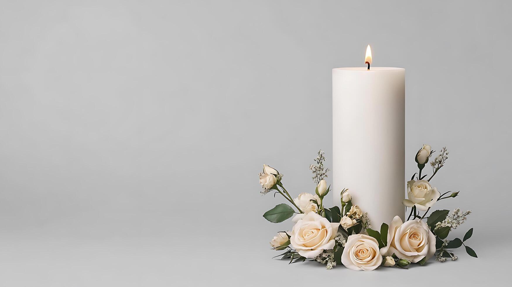 A white candle with roses and greenery photo