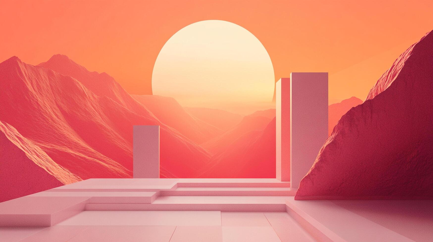Abstract desert landscape with geometric shapes, pink and orange hues create a surreal, minimalist and dreamlike atmosphere. photo