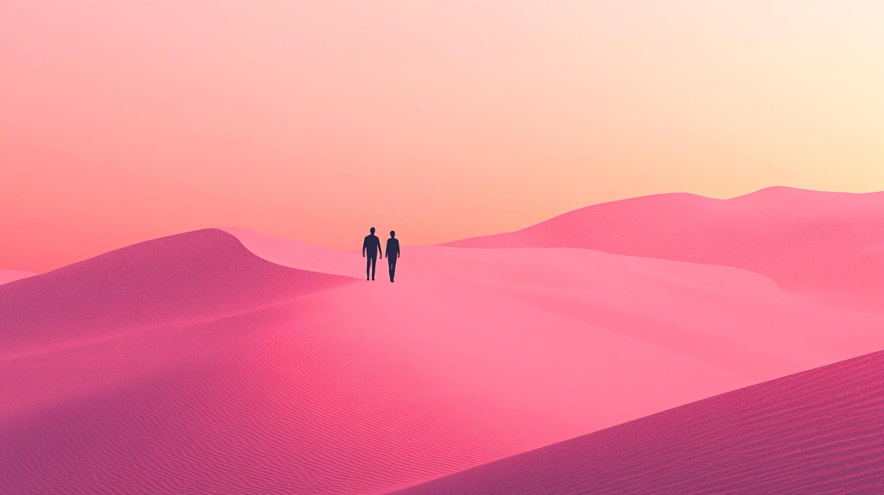 Silhouetted figures traversing pink desert dunes beneath a pastel sky, evoking a sense of adventure and exploration at sunset. photo