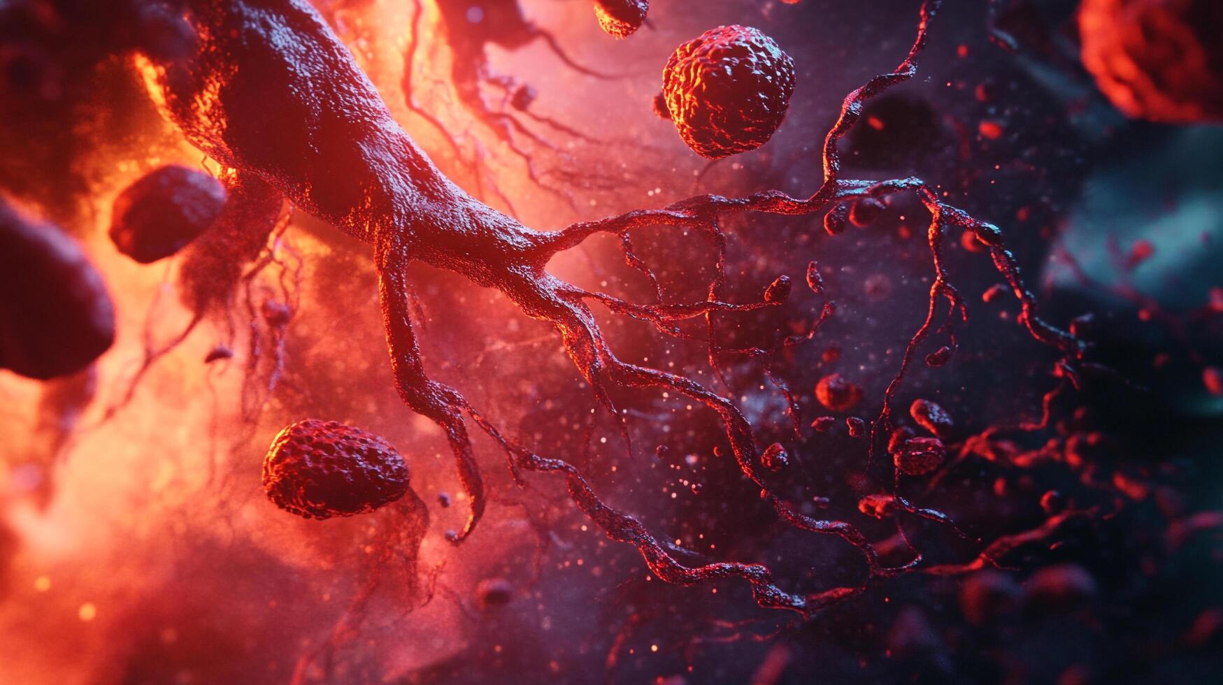 Close-up of vibrant red cells and branching vessels, vividly showcasing intricate biological structures under warm, dramatic lighting. photo
