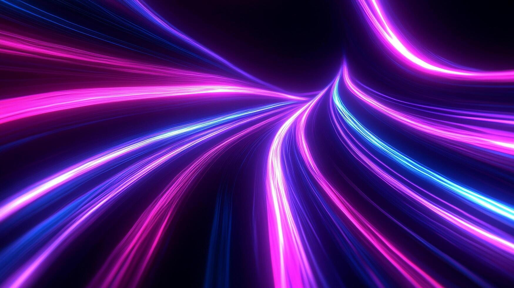 Abstract glowing neon streaks in purple and blue, creating a futuristic and energetic visual effect against a dark background. photo