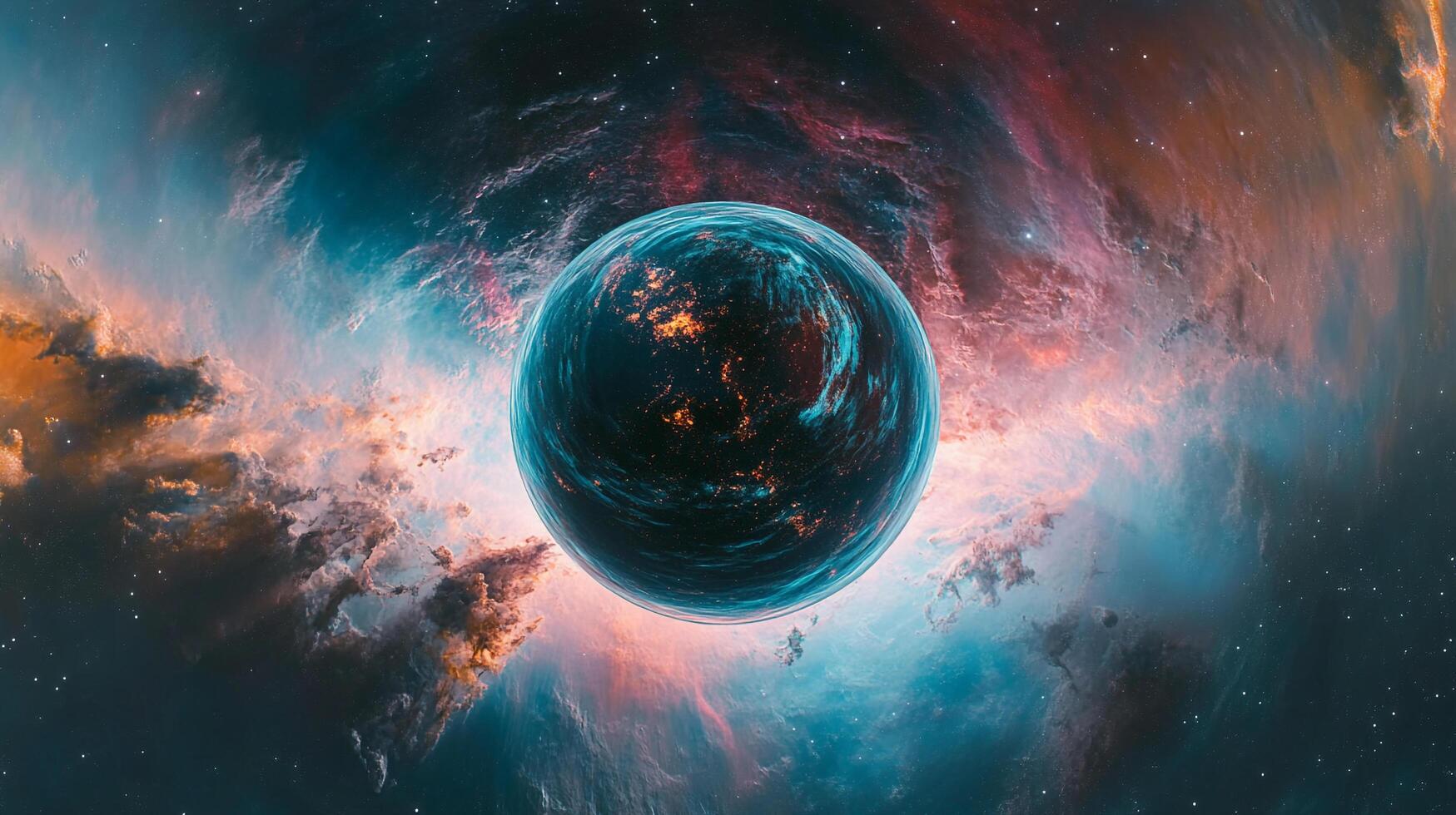 A cosmic sphere glows amidst a vibrant nebula, showcasing celestial beauty and astronomical wonder. A mesmerizing view into the deep universe. photo