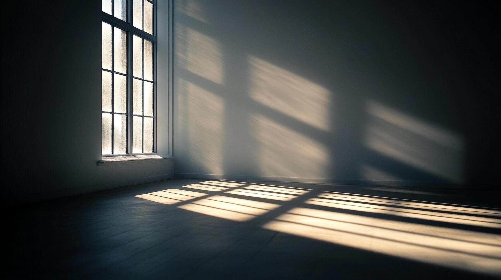 Sunlight streams through a window in a room, casting shadows on the wall and floor, creating a contrast between light and darkness. photo