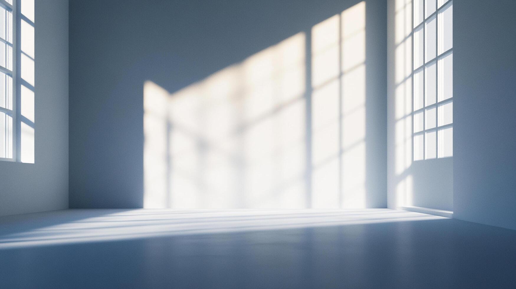 Sunlight streams into an empty room through large windows, creating patterns of light and shadow on the floor and walls. photo