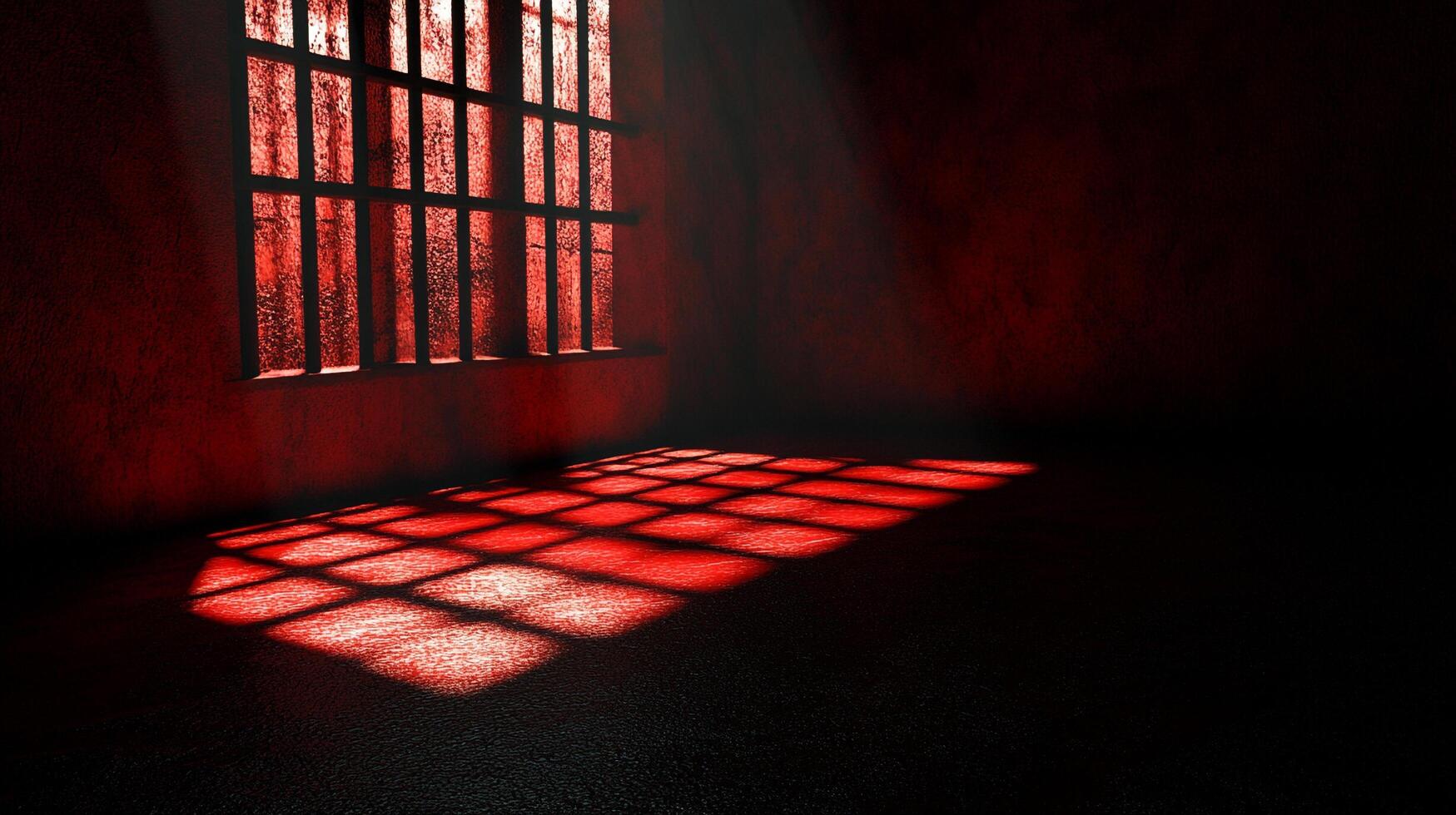 A cell with iron bars glows in red light. The light illuminates the prison floor with grid patterns, creating a sense of confinement. photo