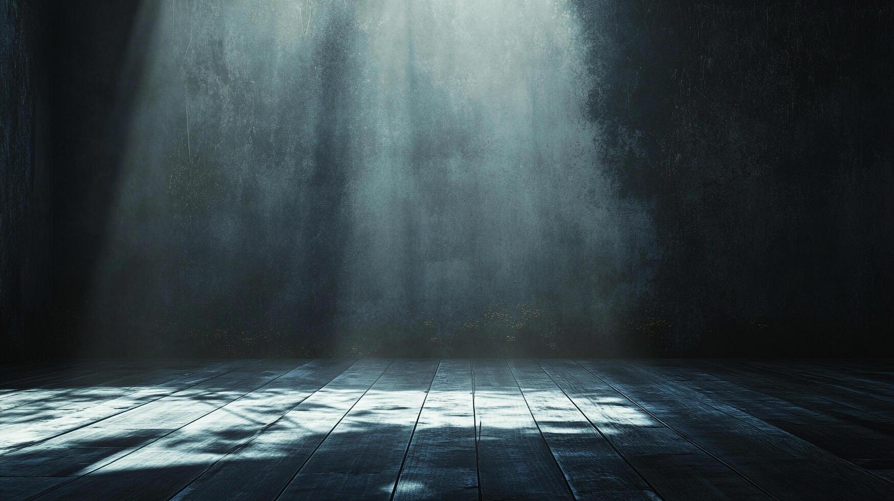 A stark, moody space illuminated by ethereal shafts of light, casting shadows on a dark wooden floor and textured wall. A sense of mystery. photo