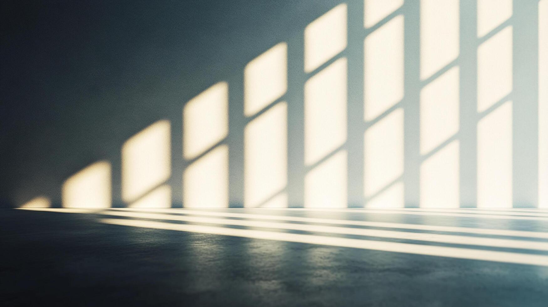 Sunlight streams through a window, casting light and shadow patterns on the wall and floor, illuminating the space with a soft glow. photo