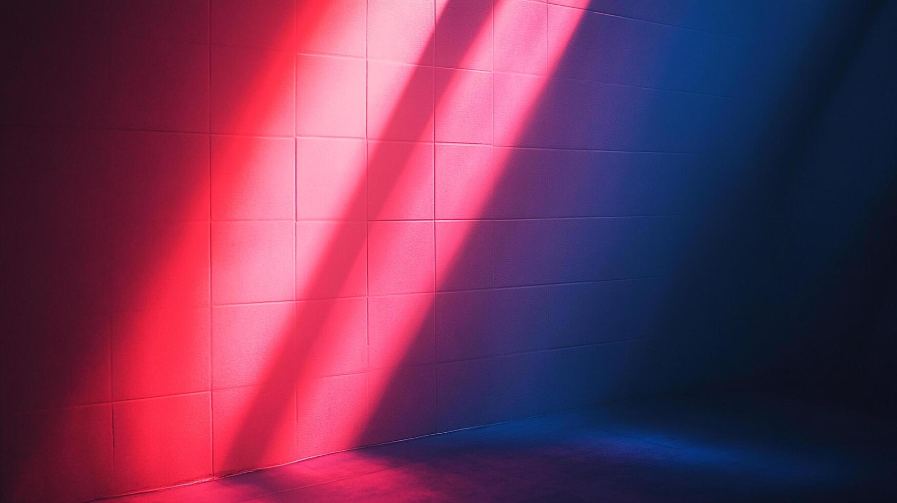 Abstract corner featuring red-toned light stripes on a tiled wall transitioning to blue, creating a striking, modern contrast. photo