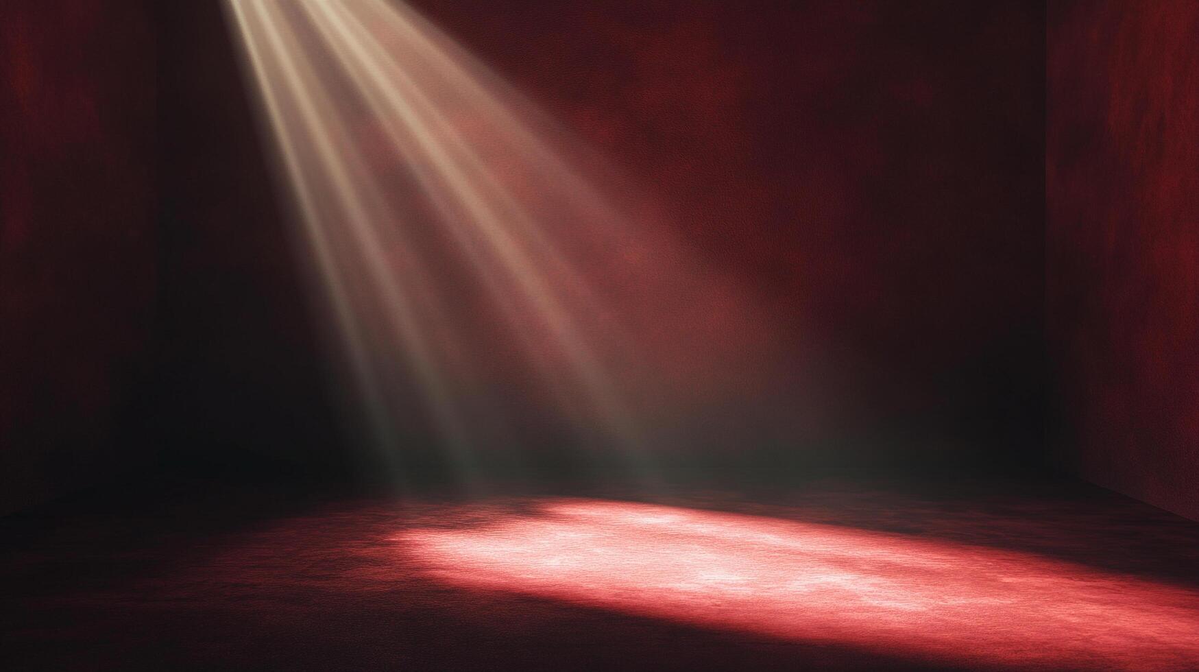 A spotlight beam cuts through the darkness, illuminating a textured floor in a maroon-colored room, creating a dramatic focal point. photo