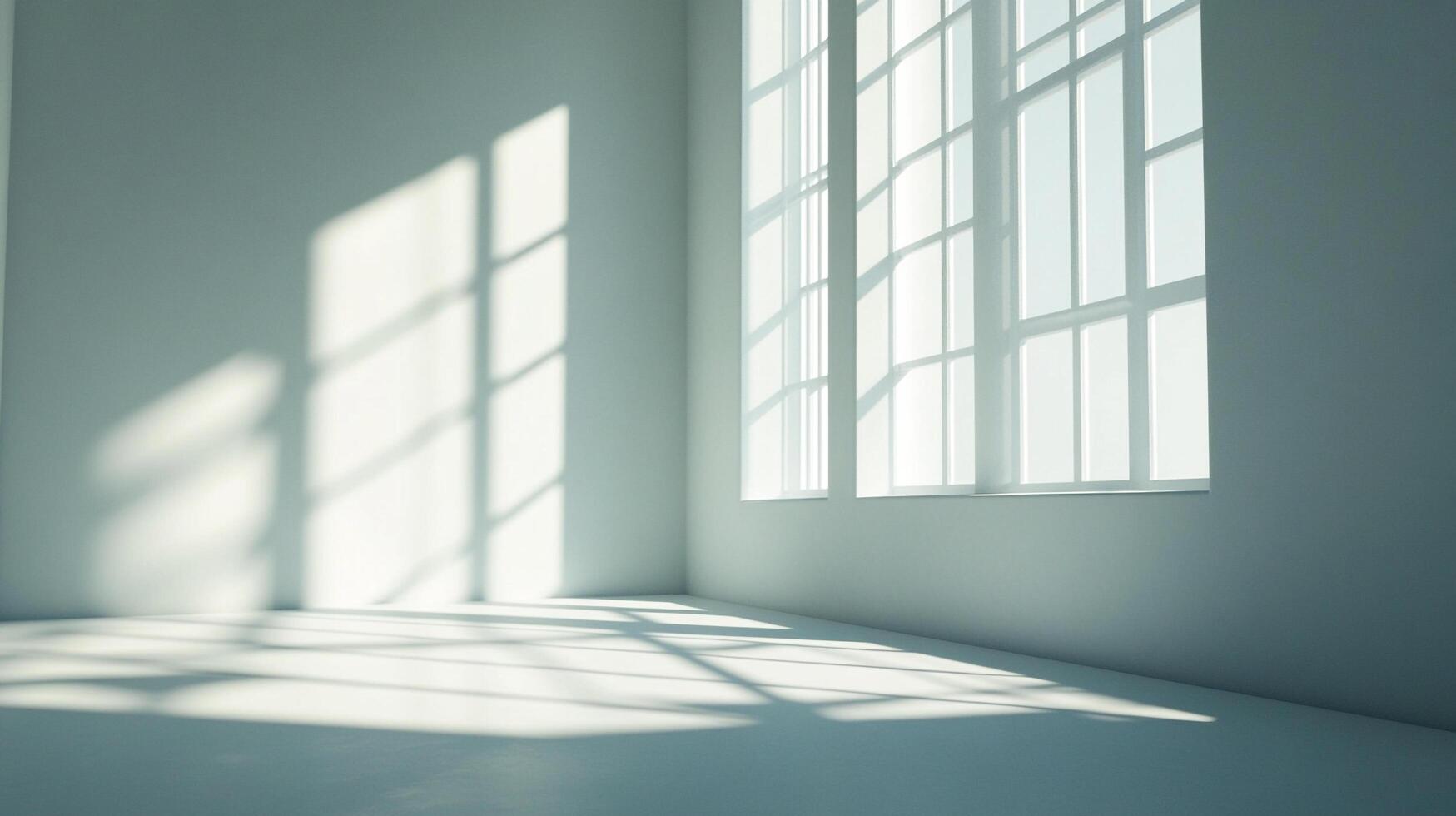 Sunlight streams into a minimalist room through a large window, creating patterns on the floor and wall, emphasizing clean lines and simplicity. photo
