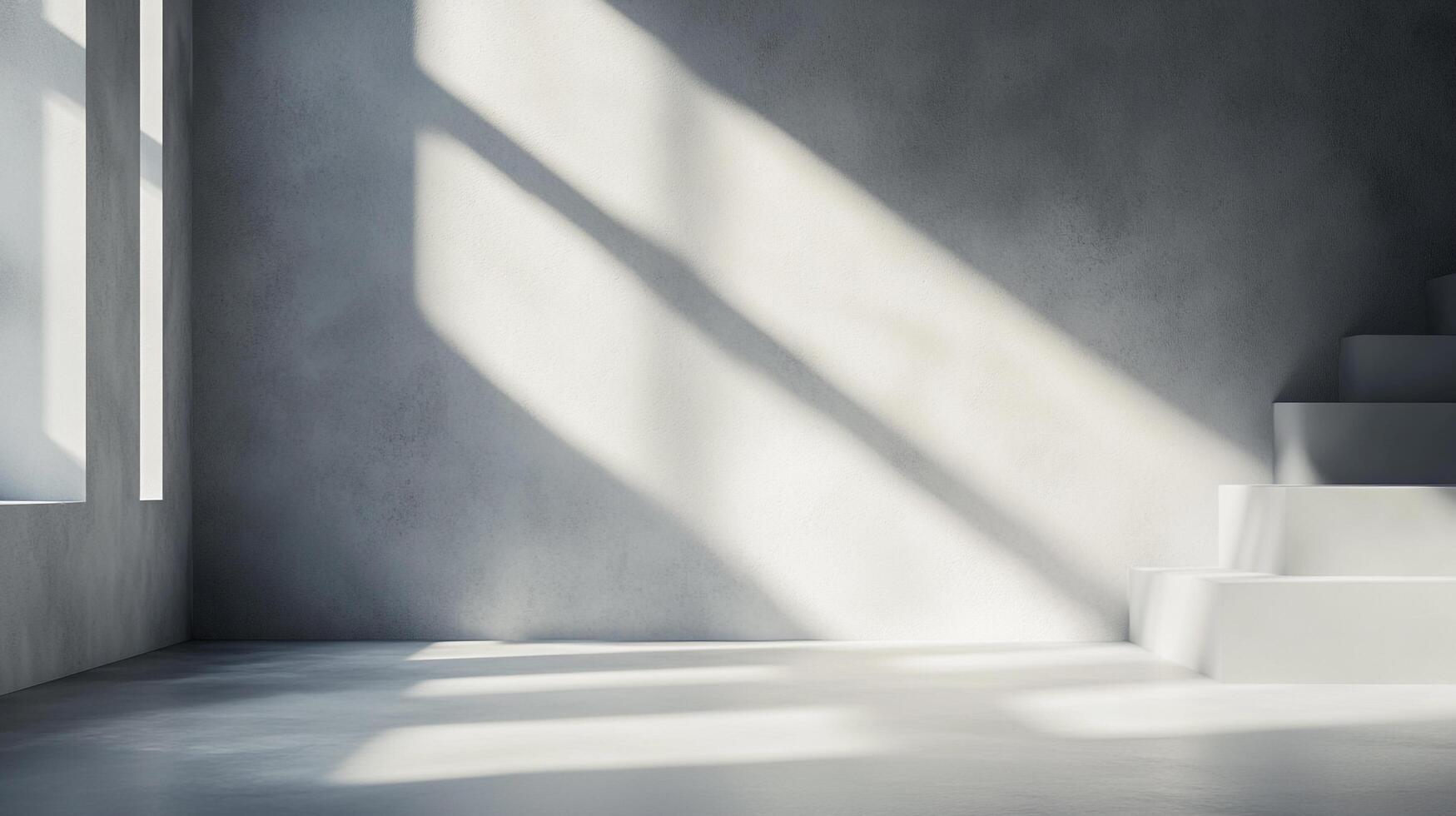 Sunlight streams into a modern, minimalist room with grey walls and stairs, creating a bright and airy atmosphere with light and shadow play. photo