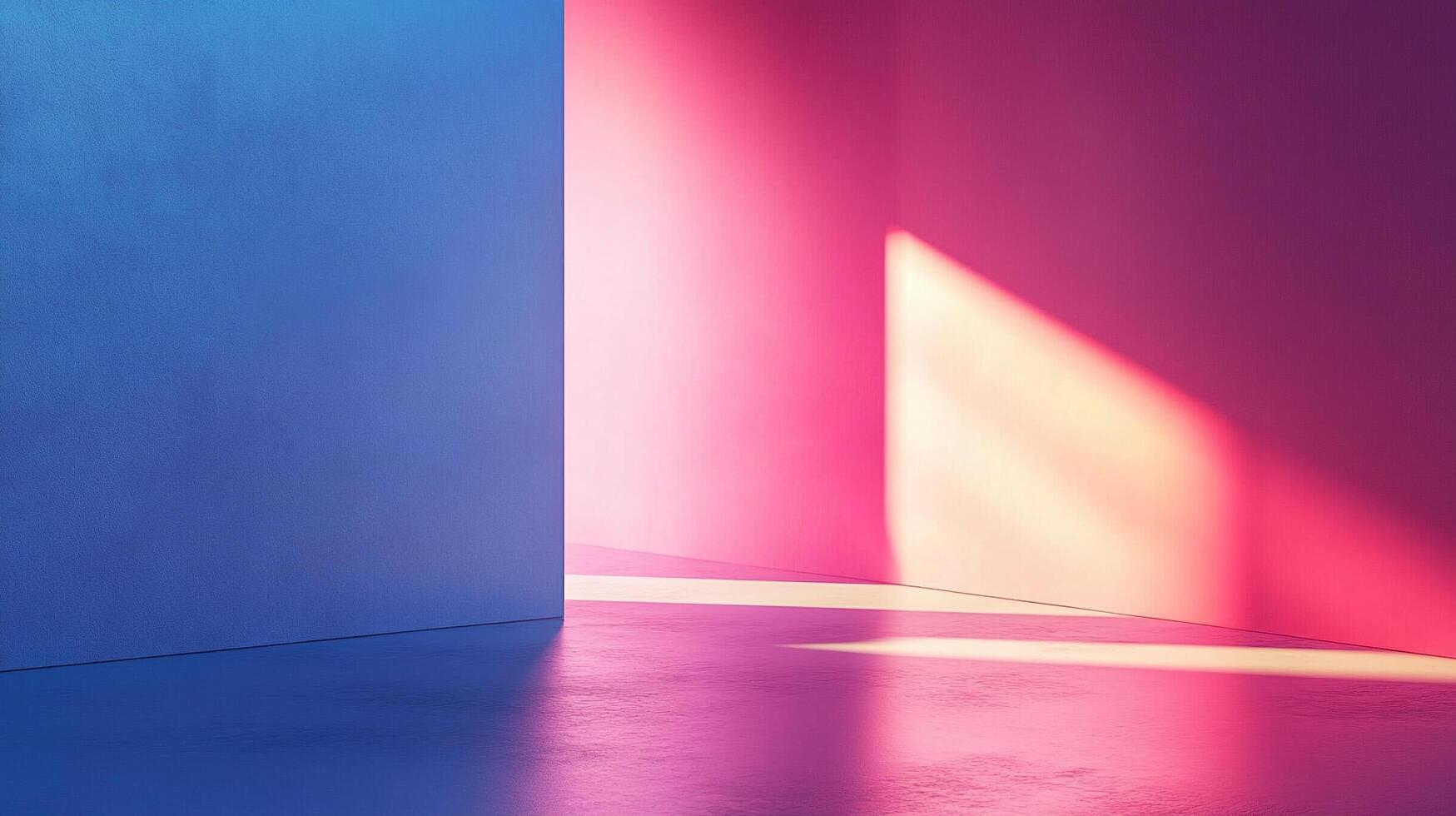 Abstract room with vibrant blue and pink walls catching sunlight, creating a modern and minimalistic aesthetic. Light and shadow interplay. photo