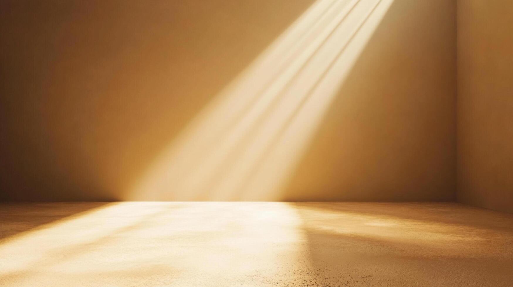 Warm light beams through a room corner, illuminating the bare floor. Soft golden tones create a serene and minimalist interior space. photo