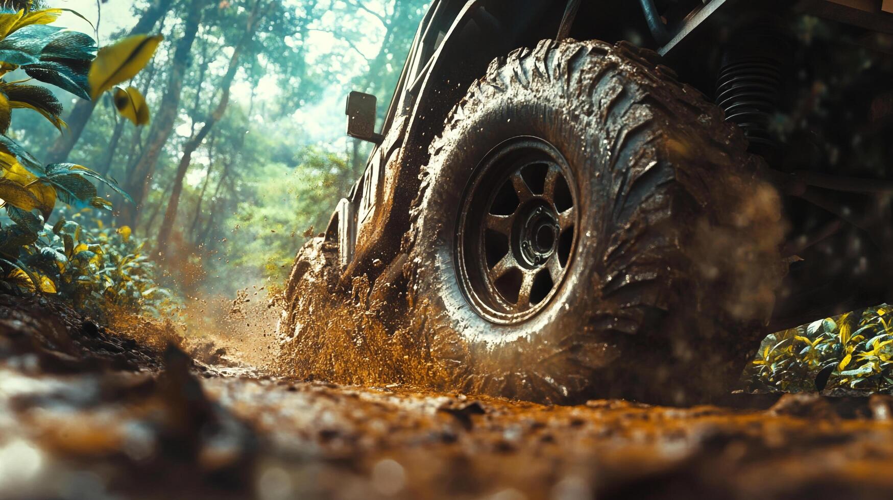 Off-road vehicle tire splashing through mud, showcasing adventure and rugged terrain. Explore nature's challenges with durable machinery. photo