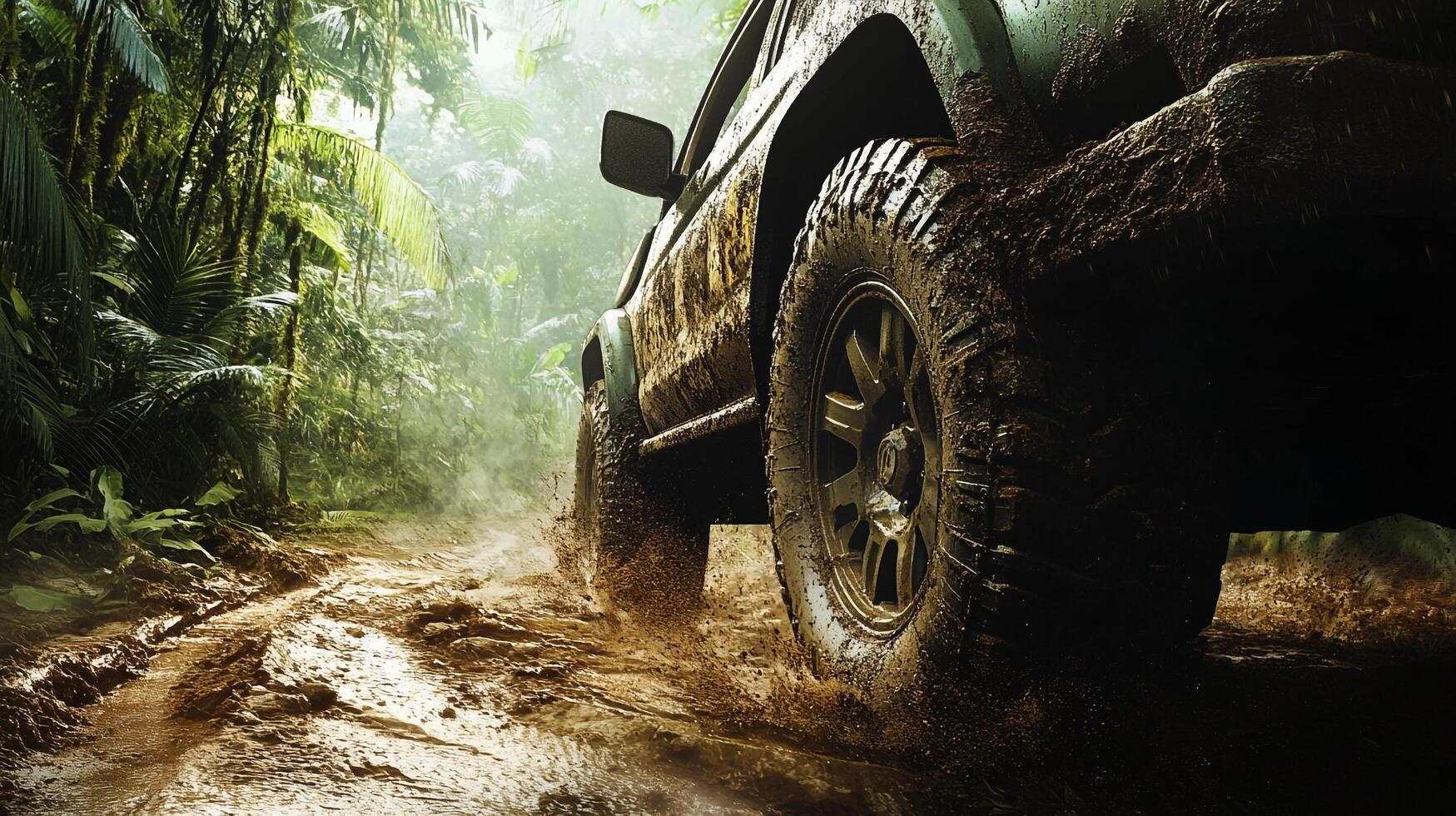 Off-road vehicle navigates a muddy jungle trail, tires covered in dirt and water spraying, highlighting adventure and off-road capabilities. photo