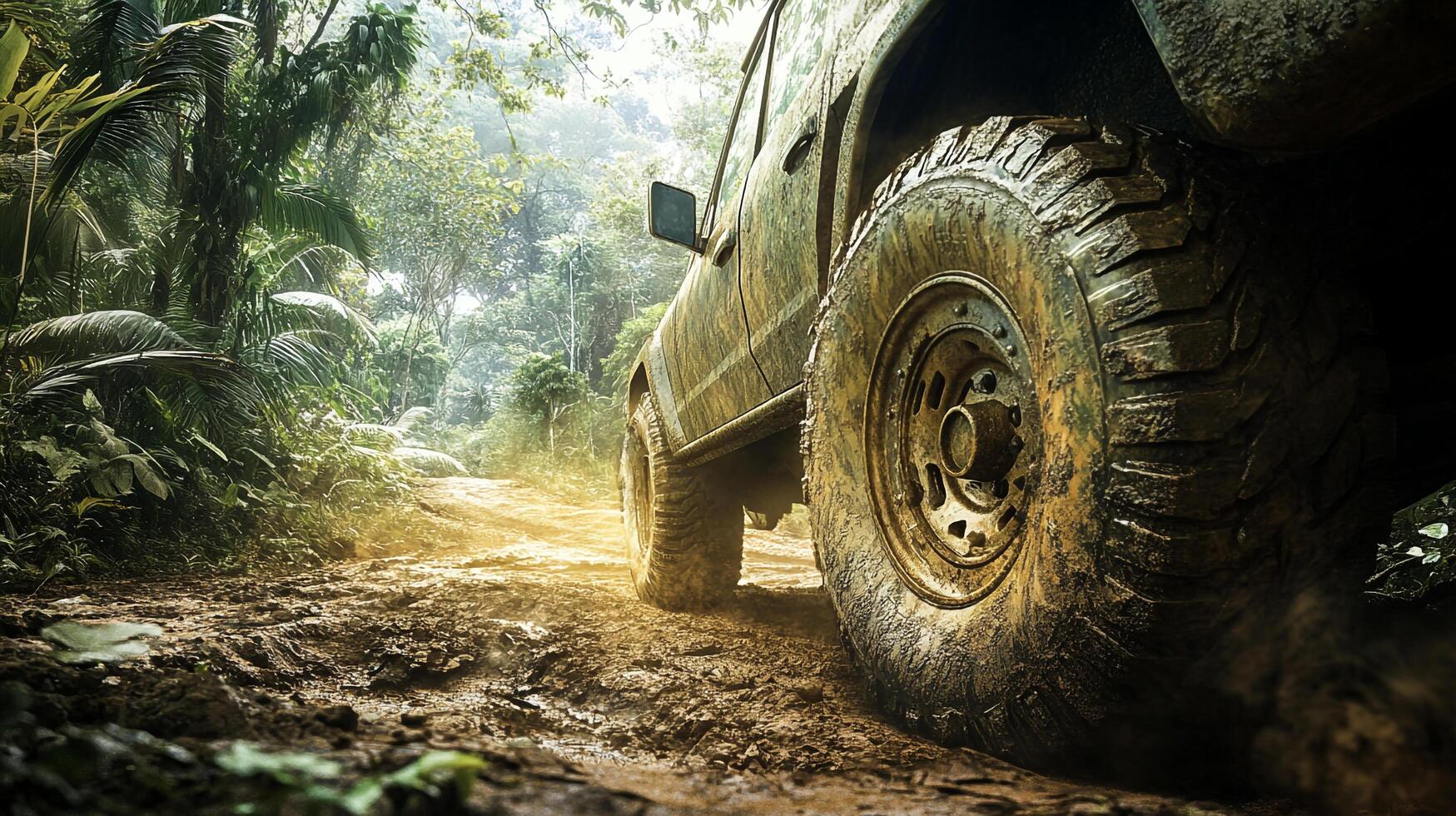 Vehicle navigates a rugged dirt road, pushing through mud with its massive tires, surrounded by lush green jungle foliage. photo