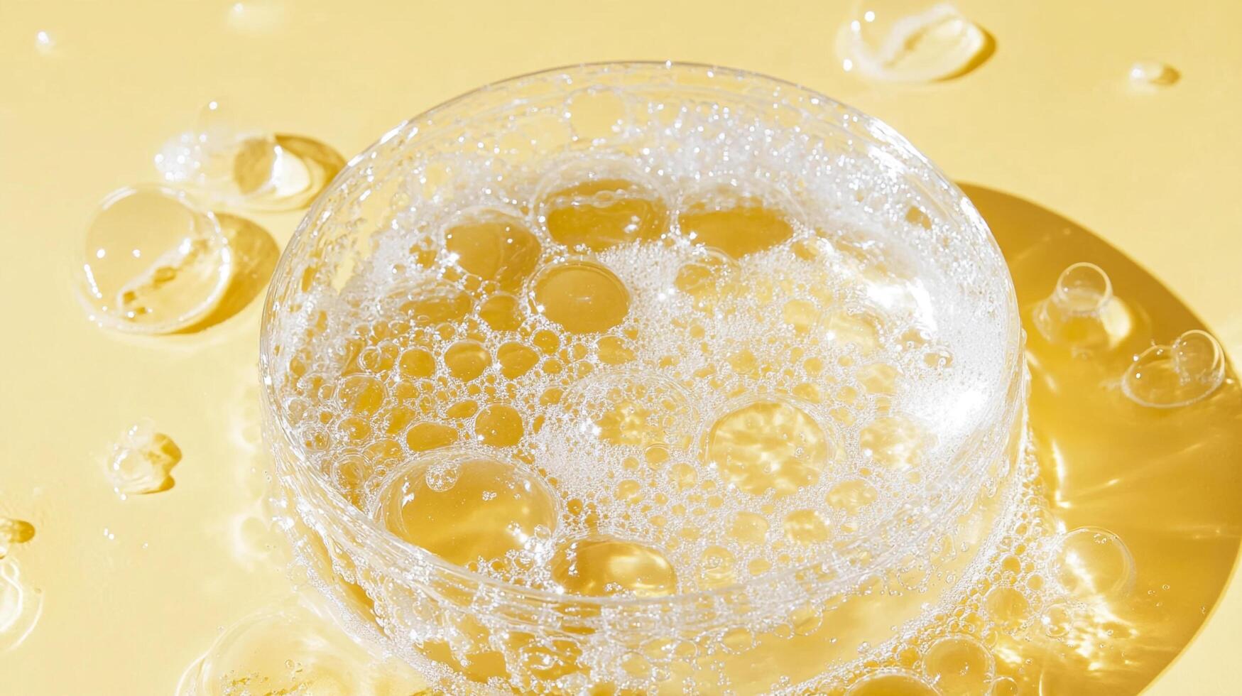 Close-up of a clear, bubbly liquid, filled with foamy bubbles, on a yellow background. Great for skincare, bath or product advertisement. photo