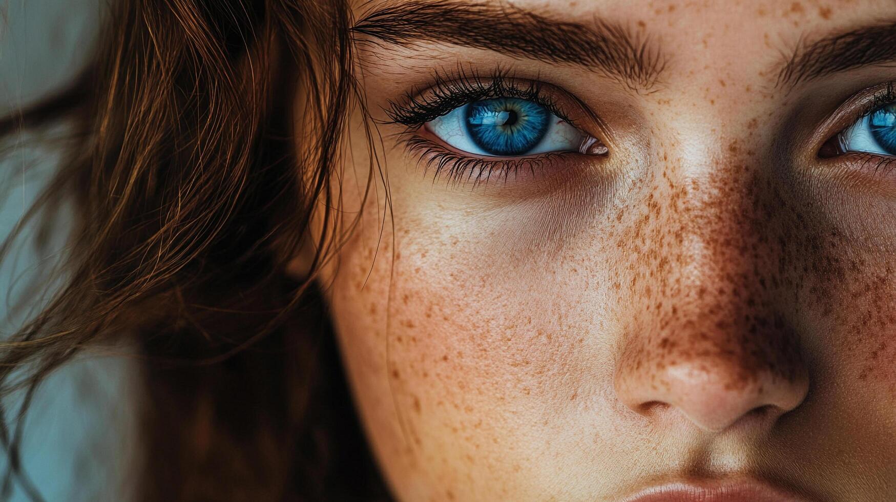 Intense blue eyes and freckled skin portrait. Details highlight natural beauty, soft lighting. Captivating and mesmerizing details of a pretty face. photo