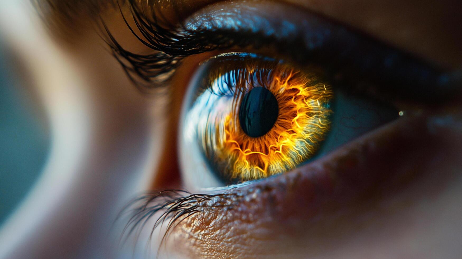 A mesmerizing eye, macro shot, with a vibrant iris resembling fiery flames. Beautiful detail and color creating an enchanting and unique look. photo