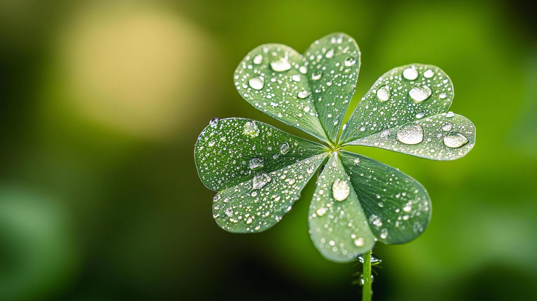 Lucky four-leaf clover glistening with dewdrops in a serene, lush meadow. Symbol of fortune and natural beauty. photo