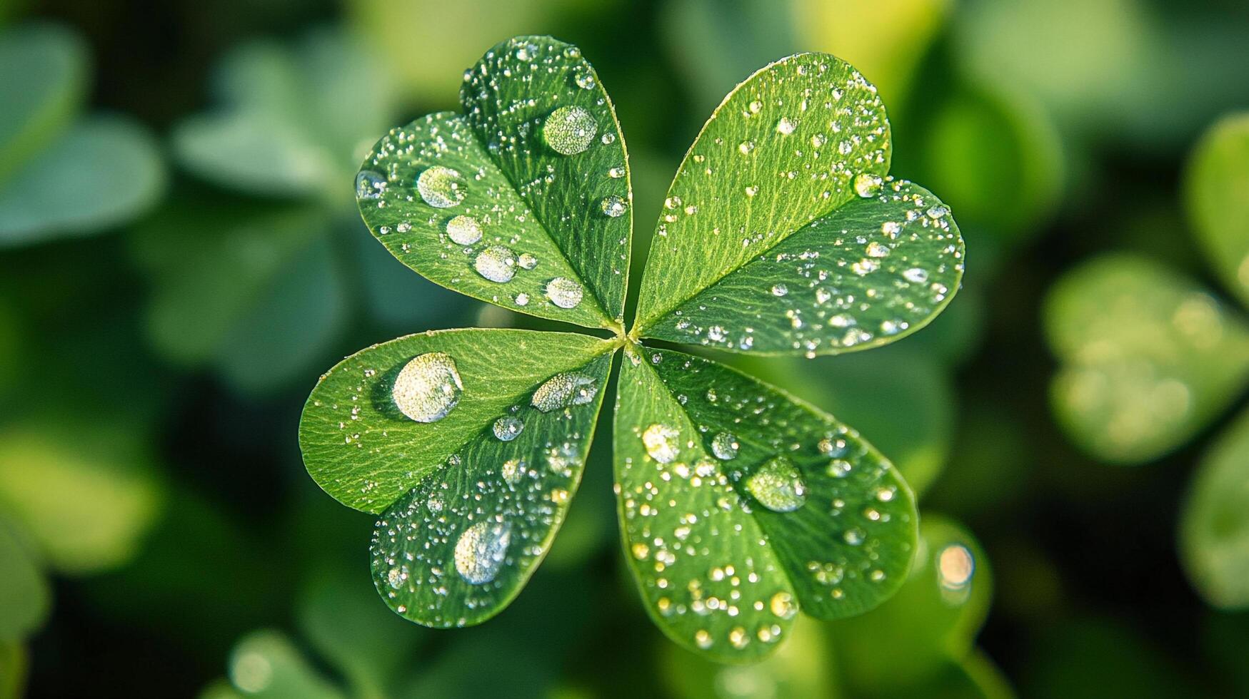 A verdant clover, adorned with glistening droplets, symbolizing growth and nature's pristine beauty under soft lighting. photo