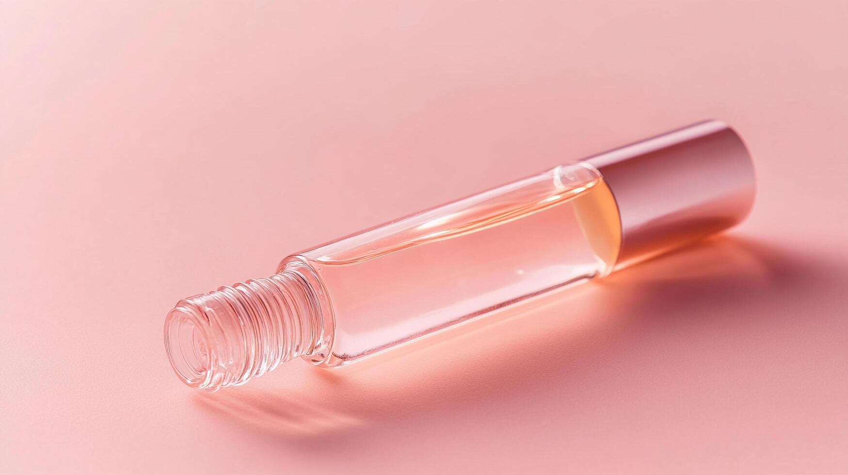 Elegantly lit clear bottle with rose gold accents on a soft pink backdrop, conveying delicate beauty in a simple composition. photo
