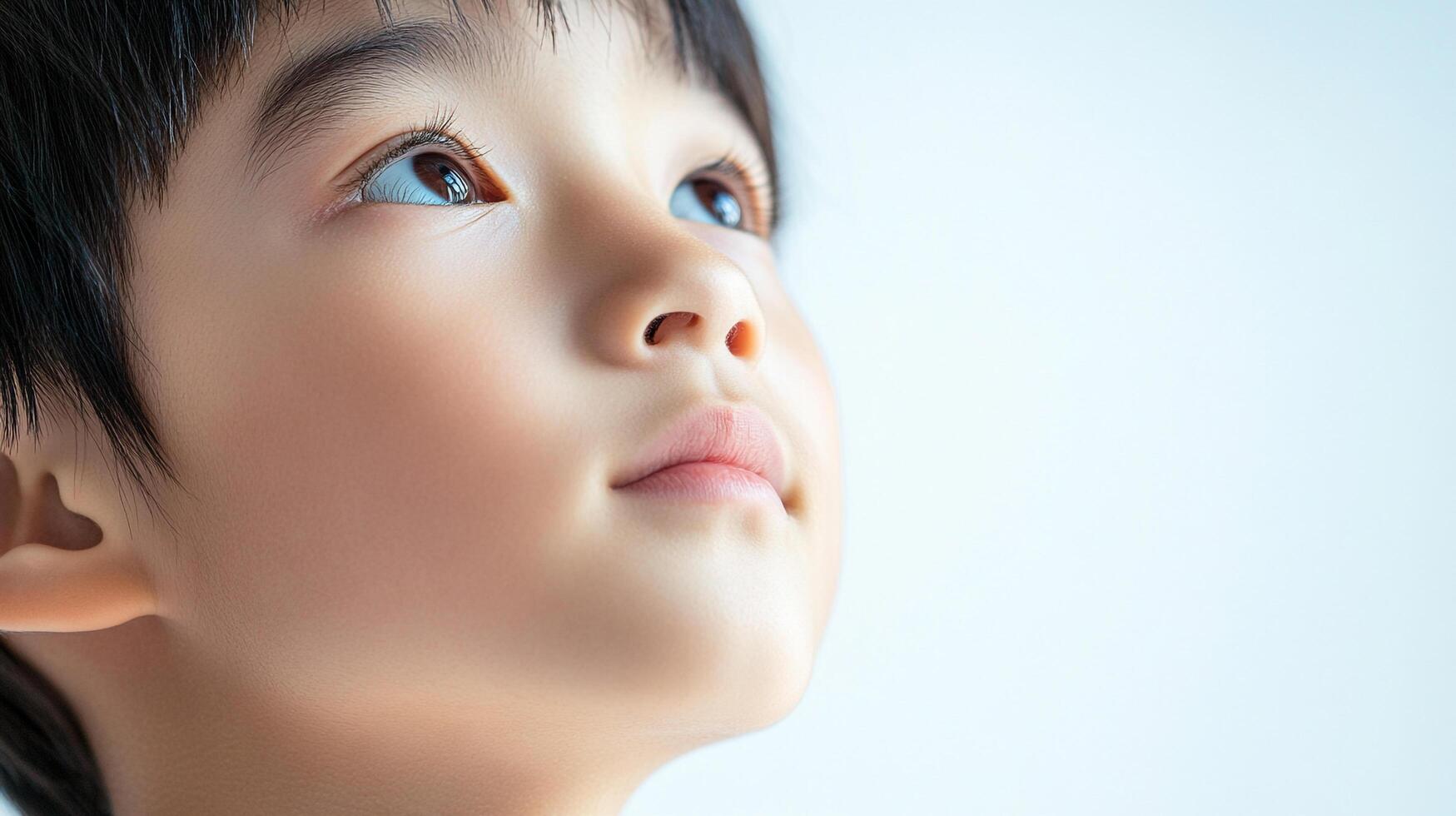 A young child gazing upwards with wonder and anticipation, bathed in soft, natural light. The focus is on their expressive eyes. photo