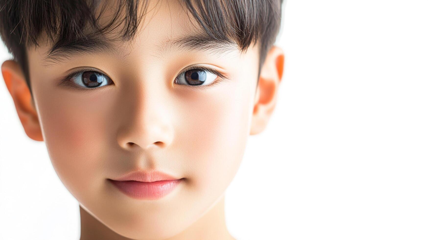 Close-up portrait showcasing the radiant complexion and captivating gaze of a young boy, set against a pristine white backdrop, highlighting youth. photo