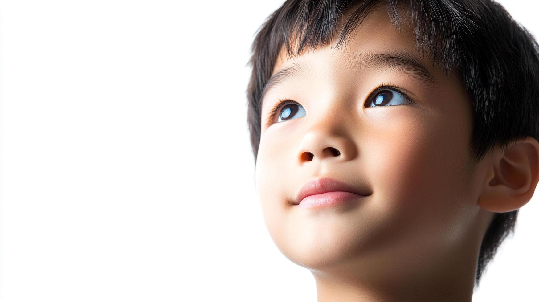 A young boy gazes upwards with a slight smile. He seems to be lost in thought or imagination, his eyes bright and full of wonder. photo