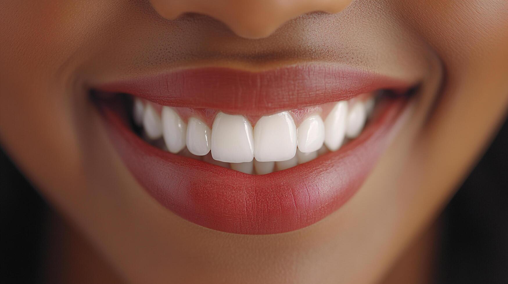 A close-up of a person's smile featuring bright white teeth and red lipstick against a dark background, showcasing oral hygiene. photo